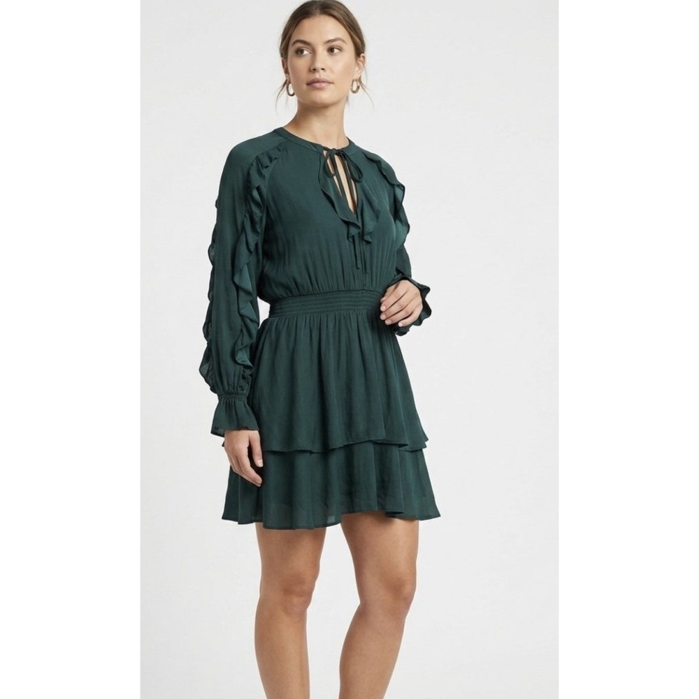 Emerald Jewel Green Blouson Long Sleeve Ruffle Layered Dress Boho Cottage